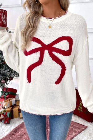 White Bow Pattern Contrast Trim Christmas Loose Graphic Sweater - Image 4