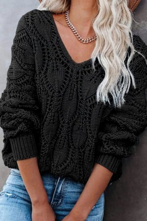 Black Crochet Knit Ribbed Hem Hollow-out Sweater - Image 5
