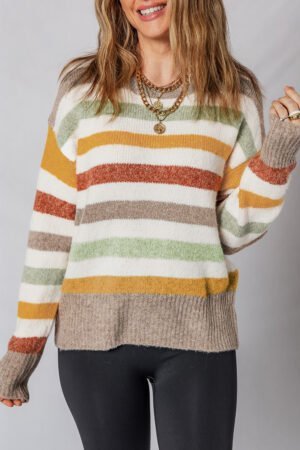 Multicolour Stripe Drop Shoulder Crew Neck Sweater - Image 5