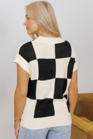 Black Checkered Color Block Crew Neck Short Sleeve Sweater - Image 2