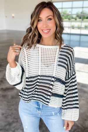 White Stripe Contrast Striped Crochet Puff Sleeve Sweater - Image 4
