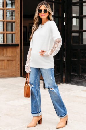 Beige Lace Sleeve Patchwork Faux Two-piece Fuzzy Sweater - Image 15