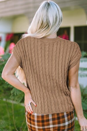 Light French Beige Crew Neck Cable Knit Short Sleeve Sweater - Image 2
