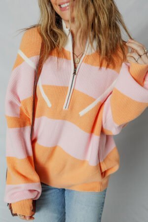 Orange Stripe Colorblock Half Zip Oversize Sweater - Image 7
