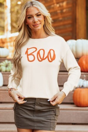 Apricot Boo Knitted Pattern Ribbed Edge Drop Shoulder Sweater - Image 4