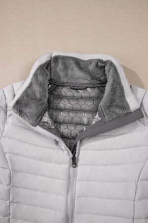 Silvery Solid Color Quilted Zip-up Puffer Jacket - Image 8