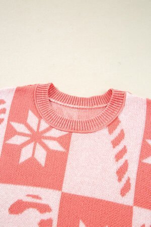 Pink Candycane Snowflake Checker Christmas Holiday Drop Shoulder Tunic Loose Sweater - Image 5