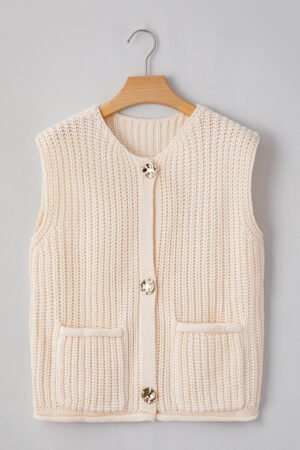 White Solid Textured Knit Side Pockets Buttoned Sweater Vest - Image 4