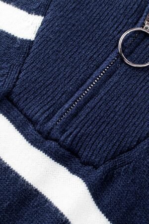 Blue Striped O-ring Zip Collared Loose Sweater Mini Dress - Image 7