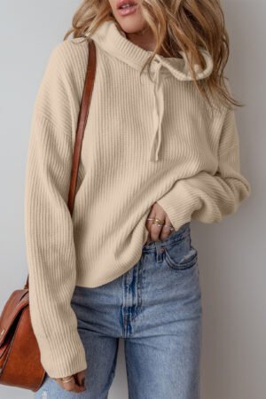 Beige Solid Color Drawstring Hooded Drop Shoulder Pullover Sweater - Image 2