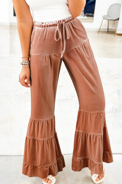 Straw Yellow Mineral Wash Lace-up High Waist Tiered Bell Bottom Pants