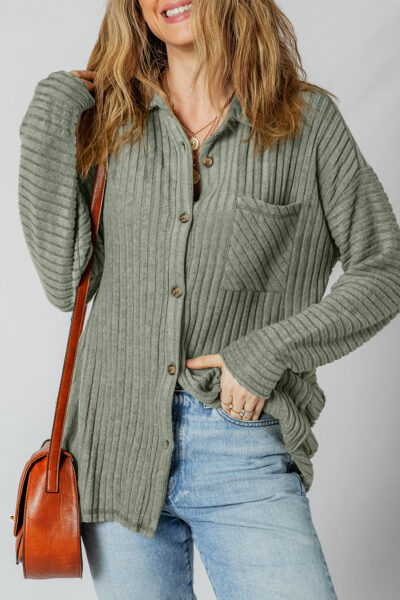 Mist Green Thermal Ribbed Texture Drop Shoulder Button Up Shacket
