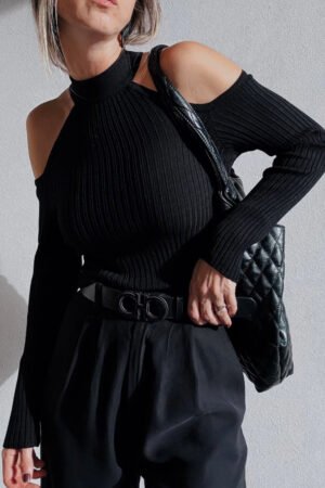 Black Ribbed Knit Cold Shoulder Choker Neck Sweater - Image 2
