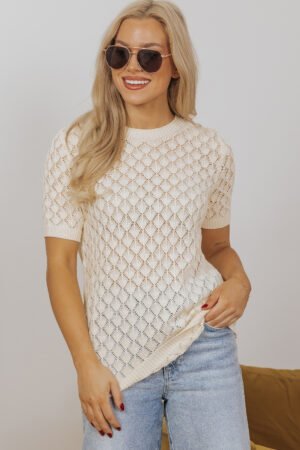 Beige Hollow Out Crochet O Neck Short Sleeve Sweater Tee - Image 5