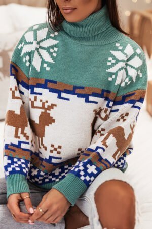 Canton Christmas Reindeer Snowflake Colorblock Turtleneck Sweater - Image 3