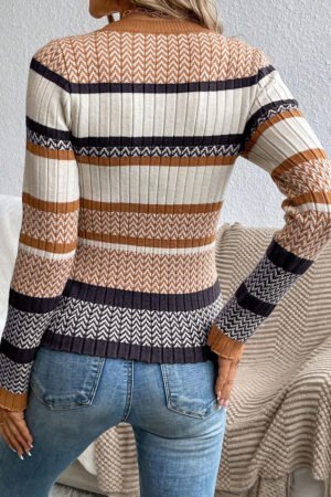Alternative view of Brown Stripe Stylish Pattern Knitted Ribbed Trim Slim Sweater