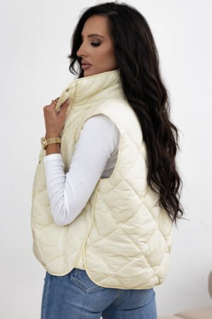 Beige Quilted High Neck Button Up Pocket Vest Coat - Image 4