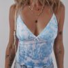 Sky Blue Random Printed Mesh Bow Detail Halterneck Tank Top