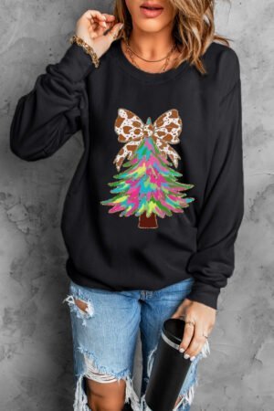 Black Bowknot Christmas Tree Shiny Graphic Sweatshirt - Image 3