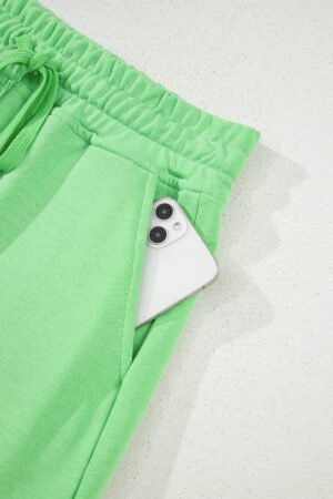 Light Green French Terry Drawstring Elastic Waistband Mini Skort with Pockets - Image 7