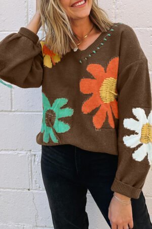 Coffee Big Flower Pattern V Neck Drop Shoulder Sweater - Image 5