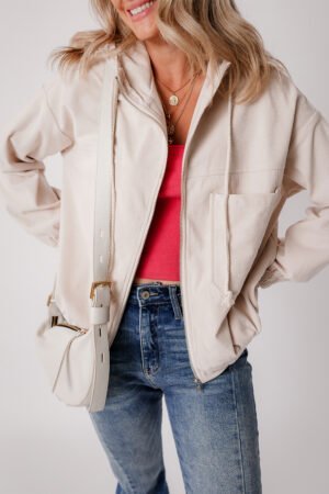 White Corduroy Drawstring Hooded Pocket Zip Up Jacket - Image 3