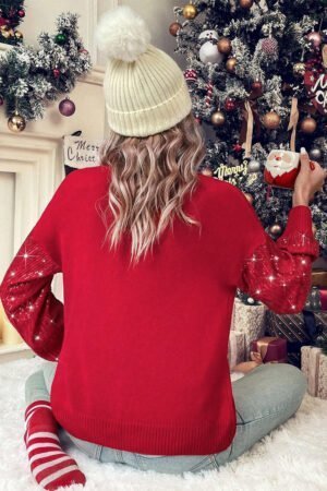 Racing Red Merry Graphic Sequin Sleeve Turtleneck Sweater - Image 4