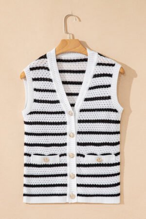 Black Stripe V Neck Gold Buttons Elegant Sweater Vest - Image 4