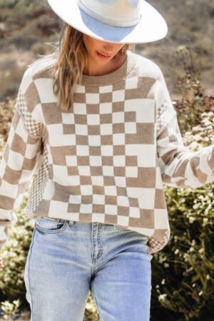 Khaki Checkered Print Drop Shoulder Round Neck Sweater - Image 5