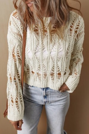 White Cut Out Crochet Crew Neck Loose Fit Sweater - Image 4