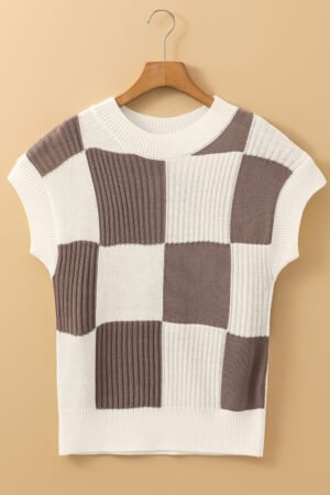 Khaki Checkered Color Block Crew Neck Short Sleeve Sweater - Image 6