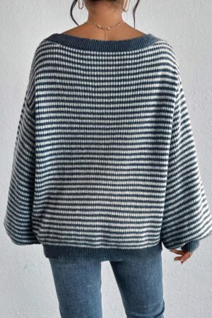 Sail Blue Striped Lantern Sleeve Drop Shoulder Cozy Sweater - Image 3
