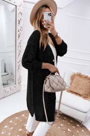 Black Hollow-out Openwork Knit Cardigan - Image 2