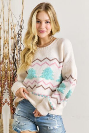 White Striped Christmas Tree Ribbed Trim Drop Shoulder Sweater - Image 2