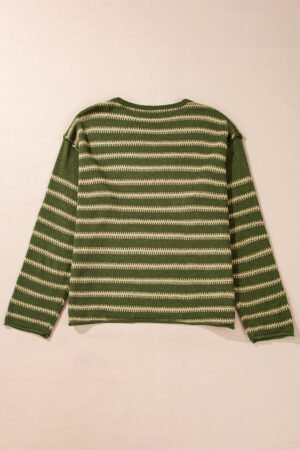 Green Stripe Drop Shoulder Casual Sweater - Image 6