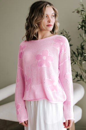 Light Pink Big Flower Hollowed Knit Drop Shoulder Sweater - Image 5