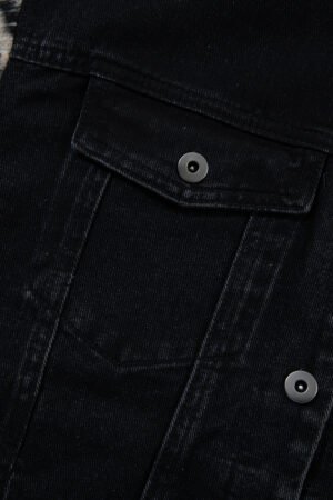 Black Plaid Sleeve Frayed Hem Hooded Denim Jacket - Image 7