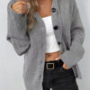Medium Grey Drawstring Hooded Button Up Drop Shoulder Sweater Cardigan