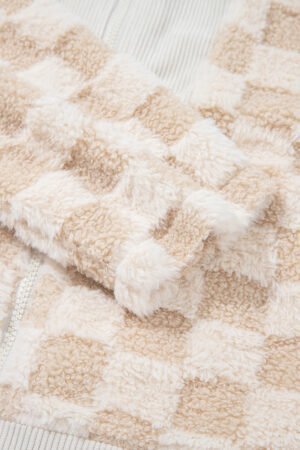 Khaki Checker Sherpa Corduroy Patchwork Zip up Collared Jacket - Image 21