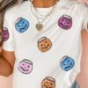 White Sequin Pumpkin Face Patched Crew Neck Holiday T Shirt