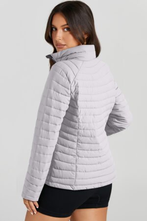 Alternative view of Silvery Solid Color Quilted Zip-up Puffer Jacket