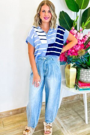 Sky Blue Stripe Colorblock Quarter Zip Collar Sweater Vest - Image 5