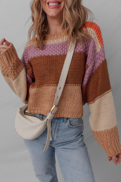 Multicolour Cropped Colorblock Drop Shoulder Knitted Sweater