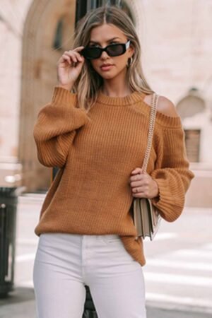 Brown Crew Neck Cold Shoulder Hollow-out Back Sweater - Image 3