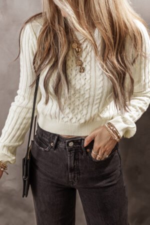 White Cable Knit Cropped Sweater - Image 3
