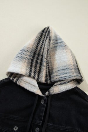 Black Plaid Sleeve Frayed Hem Hooded Denim Jacket - Image 8