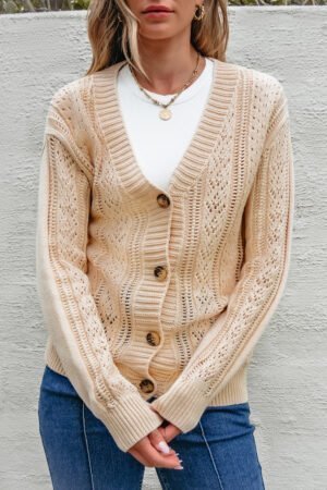 Beige Open Knit Drop Shoulder Sweater Cardigan - Image 4