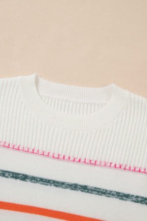 White Colorful Striped Ribbed Trim Sweater - Image 8