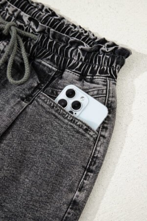 High Drawstring Elastic Waistband Casual Denim Shorts with Pockets - Image 8