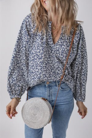 Blue Floral Print Notched V Neck Puff Sleeve Blouse - Image 3